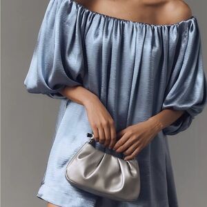 Mare Mare Off-the-Shoulder Puff-Sleeve Shine Mini Dress | Slate | NWT